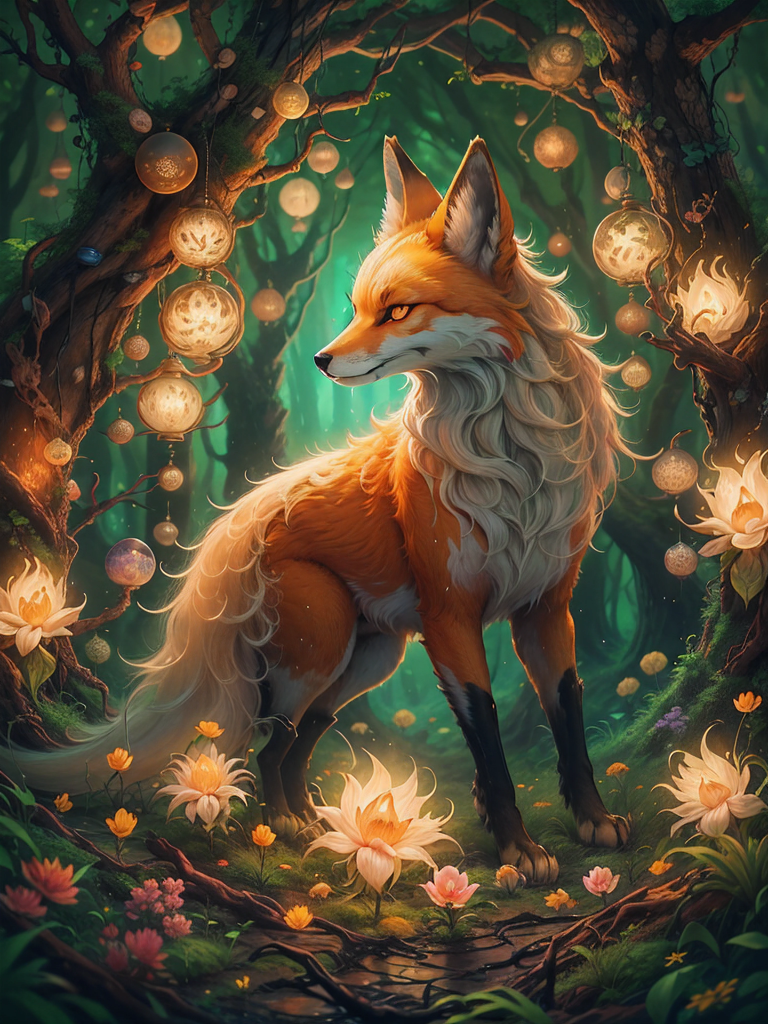 神秘森林中九尾狐的美麗數位繪畫. 狐狸被發光的光球包圍，森林裡長滿了鬱鬱蔥蔥的綠樹和鮮花. 這幅畫有一種溫暖而誘人的感覺.