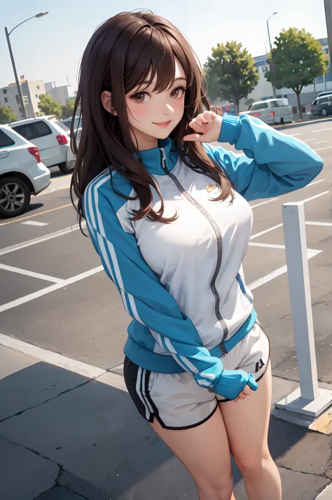 1lady standing, mature female, /(stylish tracksuit long sleeve/) /(sports shorts/), /(brown hair/) bangs, blush kind smile, (mas...