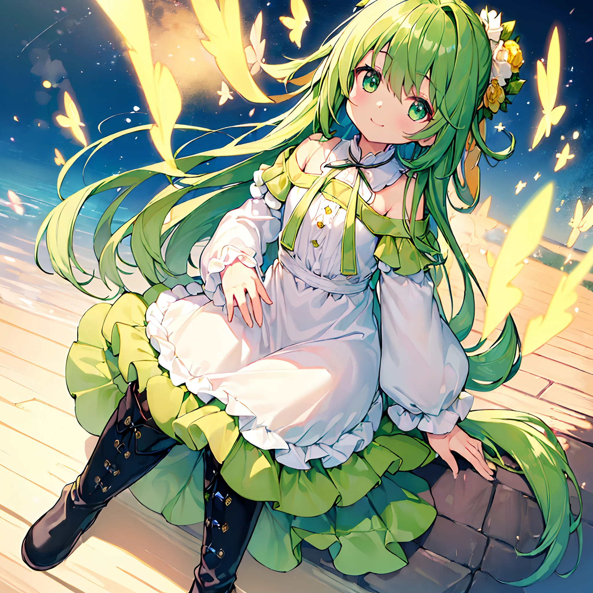 Chica anime con cabello verde sentada en una plataforma de madera - SeaArt  AI