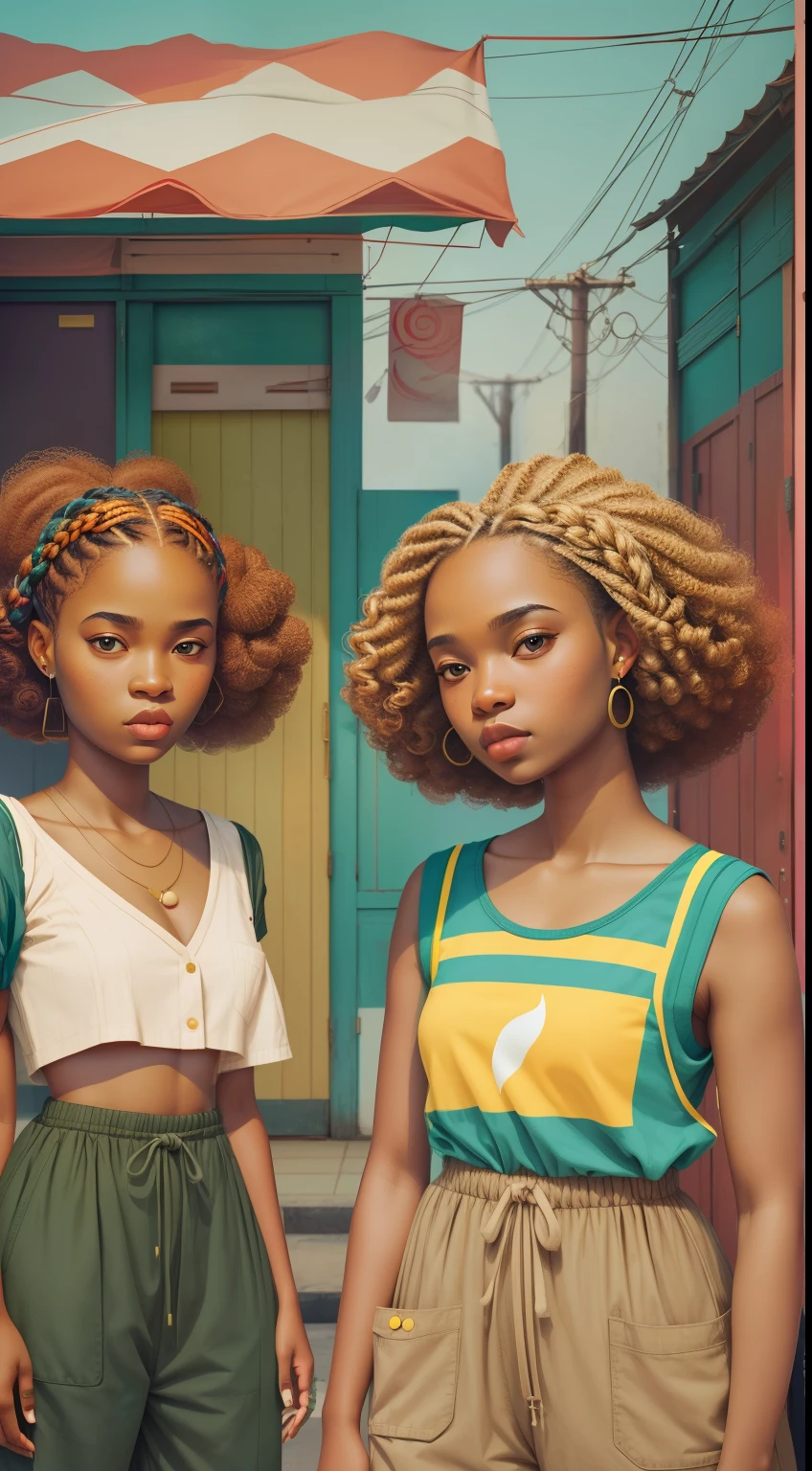 yoshomoto nara, wes Anderson, retro, casualism, minimalism (3 african mixed race girls with braids, curls and baggy clothes, ) minimalistic backgrounds, masterpiece, 8k,