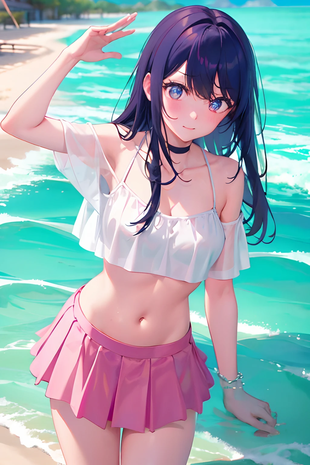 Anime girl in a pink skirt standing in the ocean - SeaArt AI