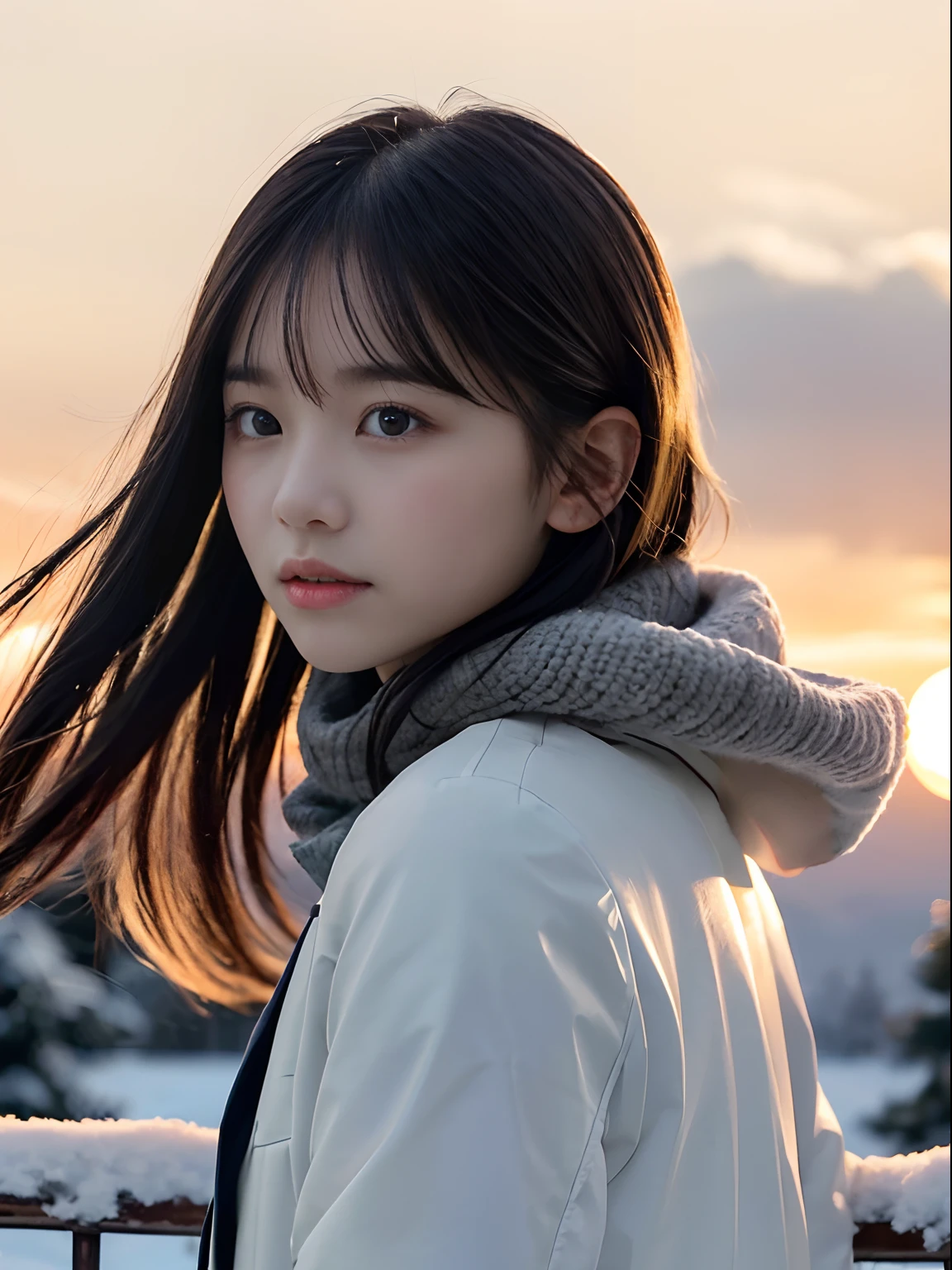 (Close up portrait of slender girl with long hair with dull bang in winter uniform with white winter coat and gray scarfs :1.5)、(The girl looks back with a lonely face:1.5)、(Girl's hair fluttering in the wind:1.5)、(Big sunset red sky covered with beautiful snow:1.5)、(Perfect Anatomy:1.3)、(No mask:1.3)、(complete fingers:1.3)、Photorealistic、Photography、masutepiece、top-quality、High resolution, delicate and pretty、face perfect、Beautiful detailed eyes、Fair skin、Real Human Skin、pores、((thin legs))、(Dark hair)