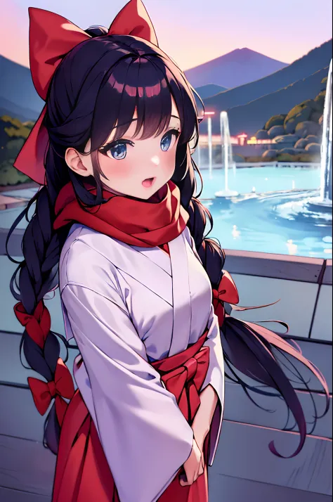 km, 1girl, ascot, blush, bow, azure eyes, black hair, cute hair bow, long wavy hair, braids, gorgeous hair ornament, (nontraditional miko), open mouth, red bow, scarf, sidelocks, (colourful landscape in background, japanese landscape in background, big fou...