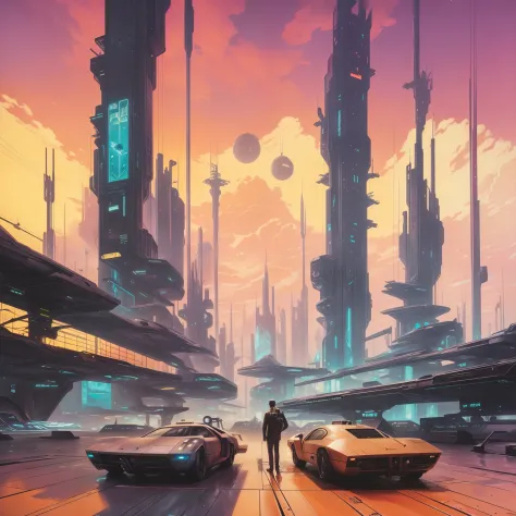 a painting of a man standing in front of a futuristic city, in fantasy sci - fi city, greg beeple, futuristic painting, paul lehr and beeple, futuristic art, sci fi art, sci-fi art, sci - fi art, futuristic street, in a futuristic city, futuristic city str...