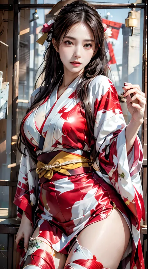 Photorealistic, High resolution, 1womanl, maturefemale, Solo, hips up high, Long hair, The tattoo, Wearing kimono_Clothes