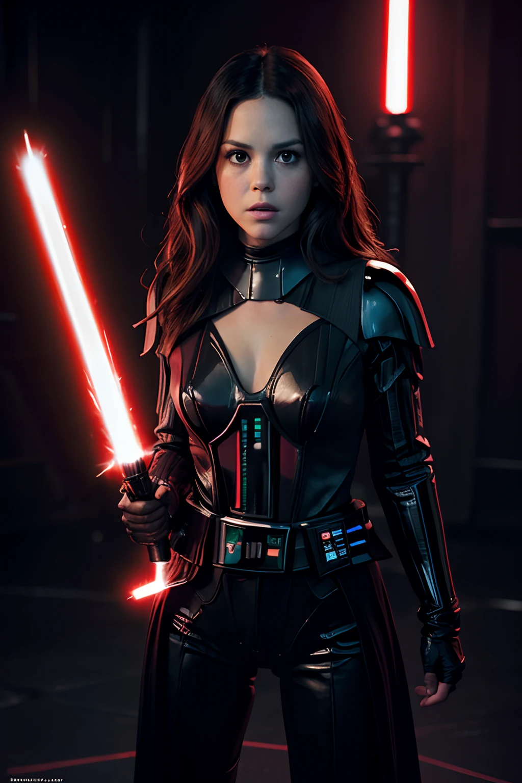 ((Rachel Bilson as Darth Vader in Starwars, movie scene, holding red color lightsaber, wearing darth vader armor, show face)), (dynamic pose), (medium natural breast, nippin, cleavage), (hyper realistic:1.4), (realistic:1.3), (best quality real texture skin), full body, (Cinematic Light), highly detailed skin, skin pores, (highly detailed face:1.1), (highly detailed eyes:1.1), realistic pupils, (perfect anatomy:1.1), (perfect proportions:1.1), (photography:1.1), (photorealistic:1.1), volumetric lighting, dynamic lighting, real shadows, (highres:1.1), sharp focus, daylight, (realistic, hyperrealistic:1.4), intricate, high detail, dramatic, subsurface scattering, big depth of field, vivid, polished, sharpened, ((full Sharp)), (extremely absurdres),8k hdr,