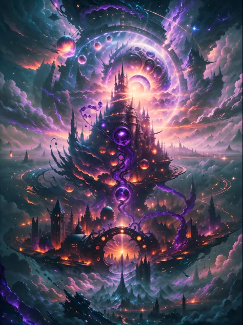 ((master piece)), best quality, (8k, best quality, masterpiece:1.2), ultra-detailed, illustration, big fantasy city, Science fiction, ethereal city, Floating city, many planets in the skies, clouds around, celestial architecture, purple energy scarring aro...