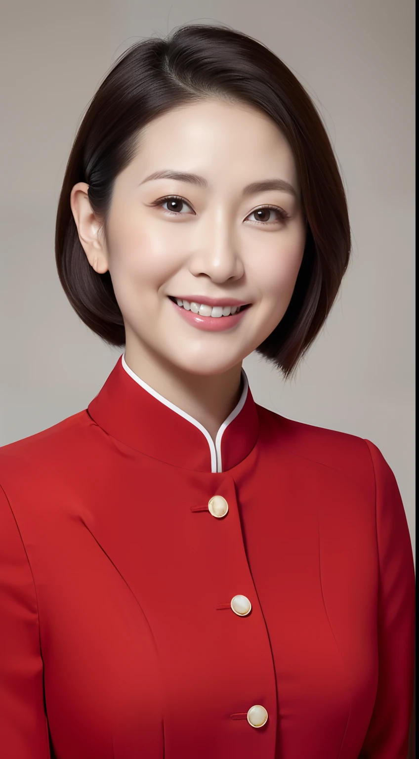Masterpiece,Best quality, (maam. clerk:1), ((Portrait:1.3)), Cross arms， Smile，Red professional attire，Long legs，skin hyper-detail，Clear pores，in a panoramic view，Cocked buttocks，black lence stockings，Beautiful young Japanese woman over 40 years old,  Perfect face, Fantastic look,  (Detailed facial features),  Clean and nice face