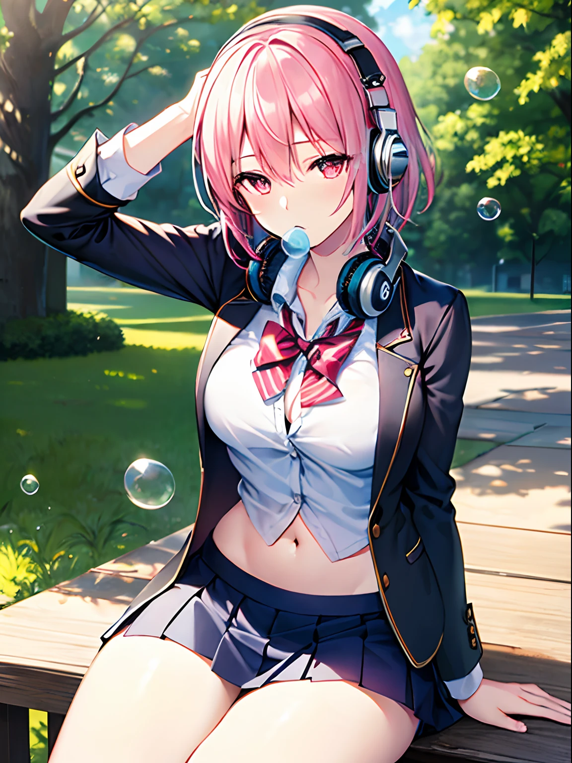 Highly detailed and realistic CG, Colorful, Masterpiece, Best Quality, magnificent, jewel-like eyes, 1girl, solo, pink hair, short hair, spiky hair, school uniform, navel, miniskirt, sitting, outdoors, bubble blowing, headphones, hand on headwear, medium breasts, red eyes, jig eyes, hollow eyes, half-closed eyes,