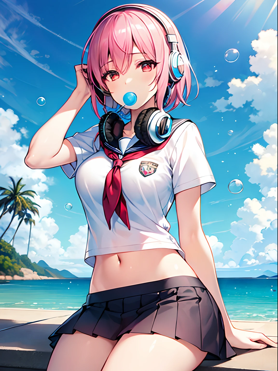 Highly detailed and realistic CG, Colorful, Masterpiece, Best Quality, magnificent, jewel-like eyes, 1girl, solo, pink hair, short hair, spiky hair, school uniform, navel, miniskirt, sitting, outdoors, bubble blowing, headphones, hand on headwear, medium breasts, red eyes, jig eyes, hollow eyes, half-closed eyes,