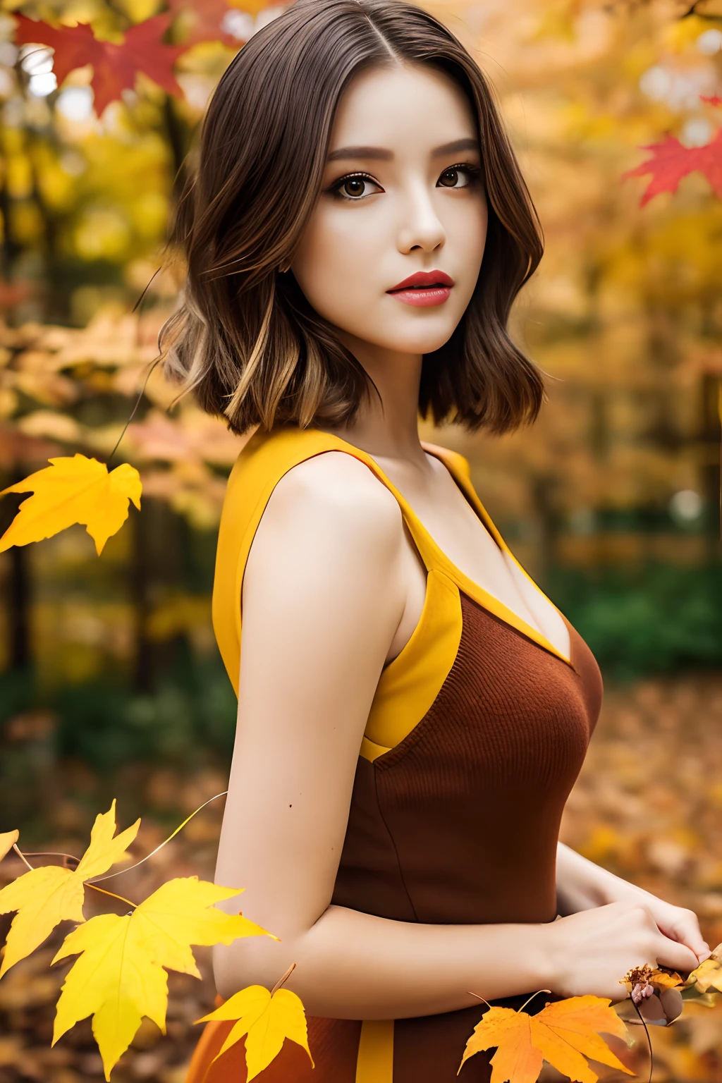 Breathtaking 8K, Masterpiece, Beautiful woman,  (Autumn dress), full bodyesbian, ((autumnal)),Rich background，balmy autumn day，Fruitful，Yellow leaves fall，