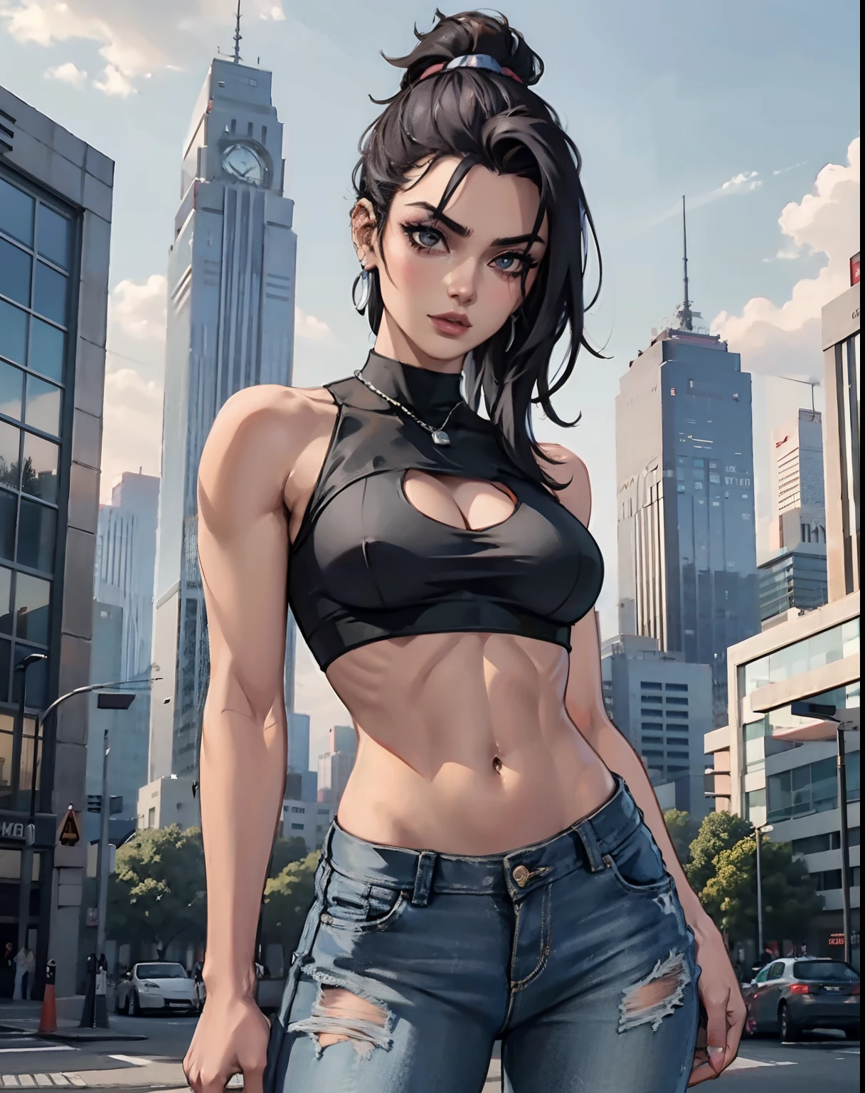 Mujer arafed con un top negro y jeans rotos parada frente a un edificio, Usando un top corto sexy, usando un top corto, usando un top corto, abdomen desnudo, abdomen expuesto, usando un top cortos, vistiendo una camiseta negra corta, Físico : el abdomen más pequeño jamás visto, el abdomen más pequeño jamás visto, el ombligo tiene un piercing de metal, Debajo del pecho,Jeans cortos,piercing naval de plata,pose lasciva,pose cachonda