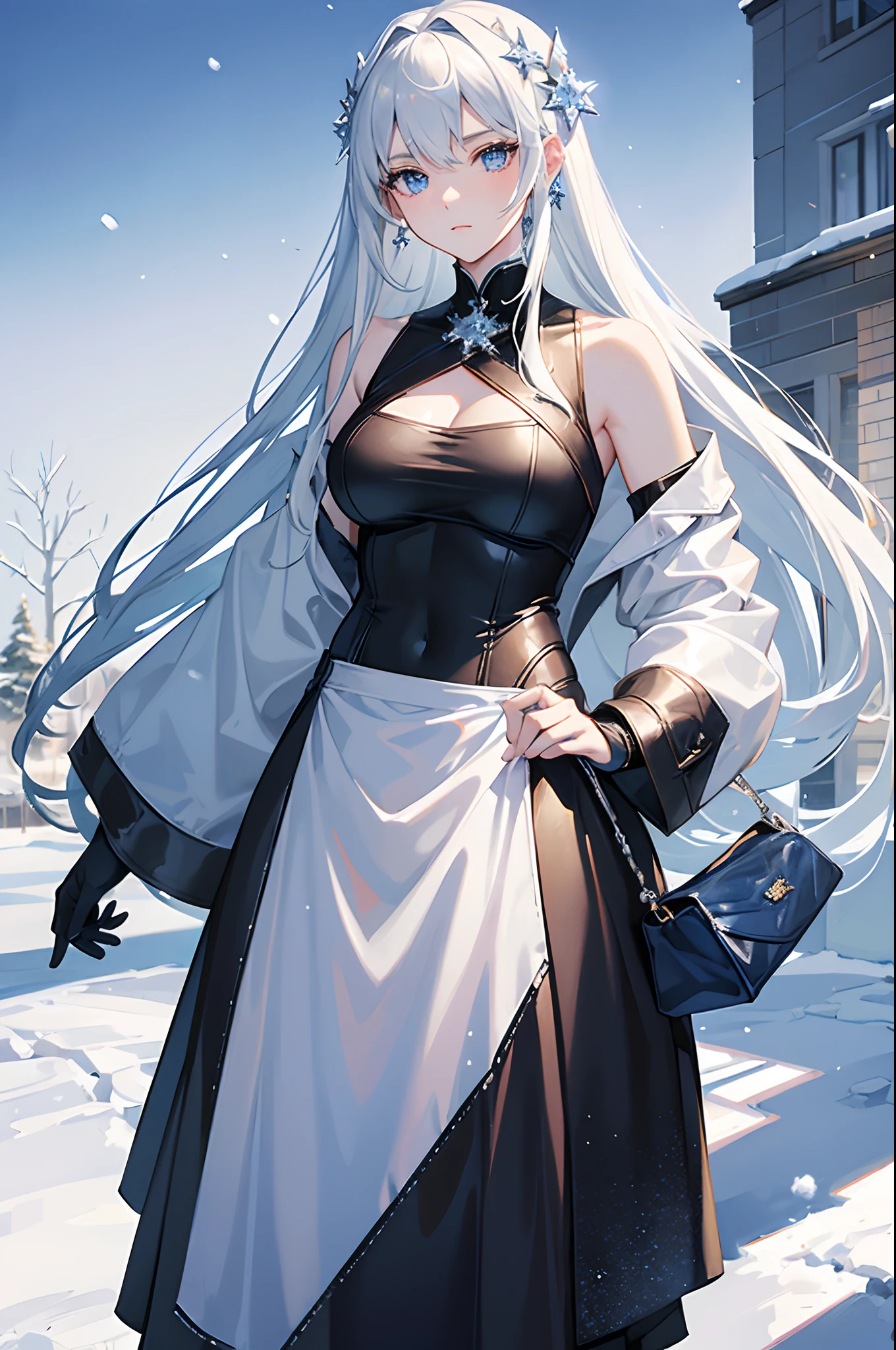 Chica anime con un vestido blanco y negro parada en la nieve. - SeaArt AI