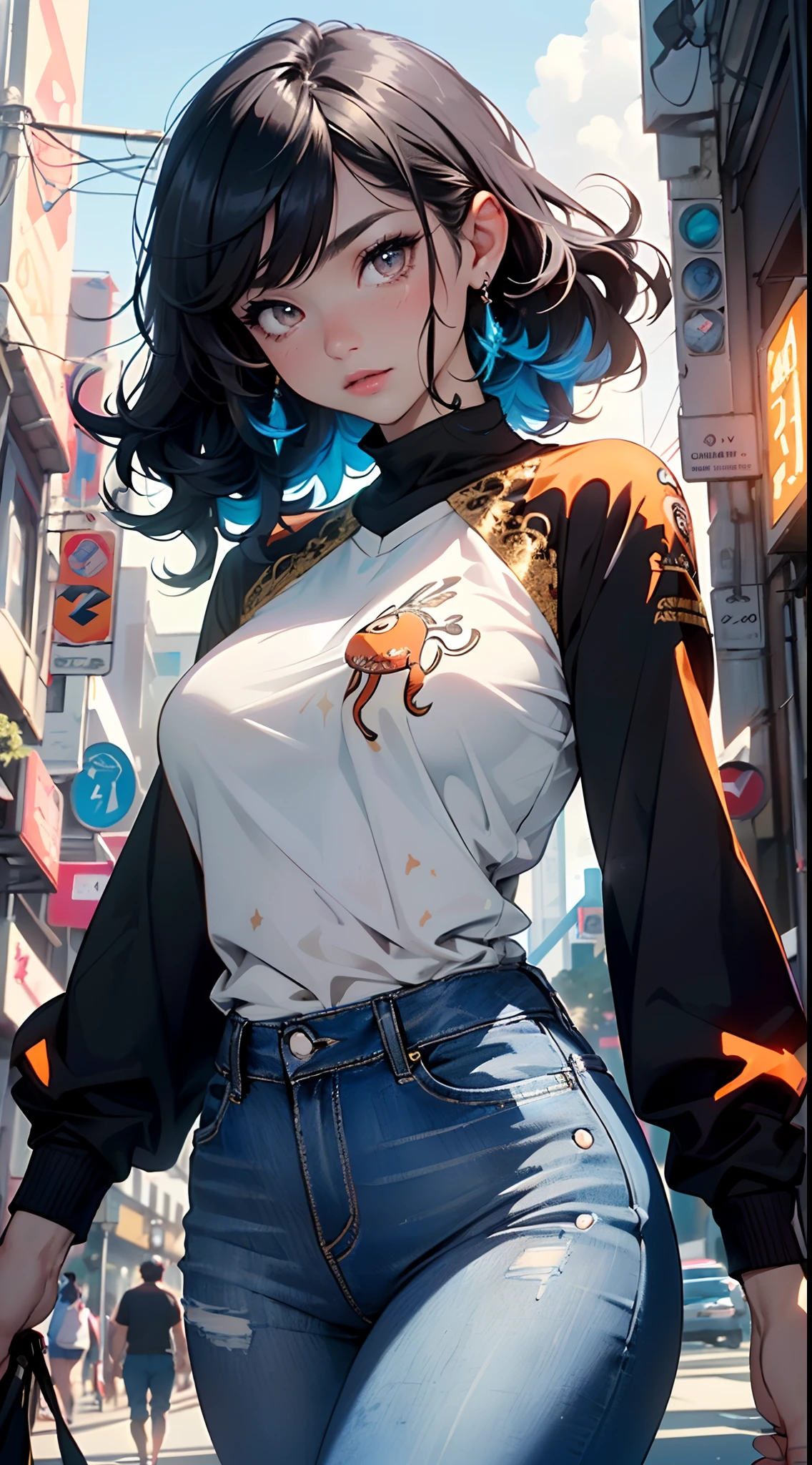 girl spacepunk,(((1girl))),((extremely cute and beautiful black curly-haired anime girl walking down the street)),

(short breasts:1.4),(((black curly hair:1.35,very curly hair,colored inner hair,ear breathing))),((brown eyes:1.3,upturned eyes:1.3,perfect eyes,bright pupils,rainbow glows ultra-detailed deep gold brown eyes:1.1,gradient eyes:1,finely detailed beautiful eyes:1,symmetrical eyes:1,big highlight on eyes:1.2)),((fat)),(((lustrous skin:1.5,bright skin: 1.5,skin tanned,shiny skin,very shiny skin,shiny body,plastic glitter skin,exaggerated shiny skin))),delicate detailed fingers,detailed body,detailed arms,human hands,detailed hands,),

cute,

(gray shirt with an orange squid print,blue denim pants),(intricate outfit,intricate clothes),

(dynamic pose:1.0),solo focus,embarrassed,centered,scale to fit dimensions,Rule of thirds,

cyberpunk city by the ocean at night, with bright neon signs and dark stormy clouds and puddles, scenery:1.25,

artistic photography,(photography taken by sldr),highres, sharp focus, (ultra detailed, extremely detailed), (photorealistic artwork:1.37),(extremely detailed CG unity 8k wallpaper),((synthwave background theme)),(((vibrant colors))),(intricate background),(masterpiece),(best quality),