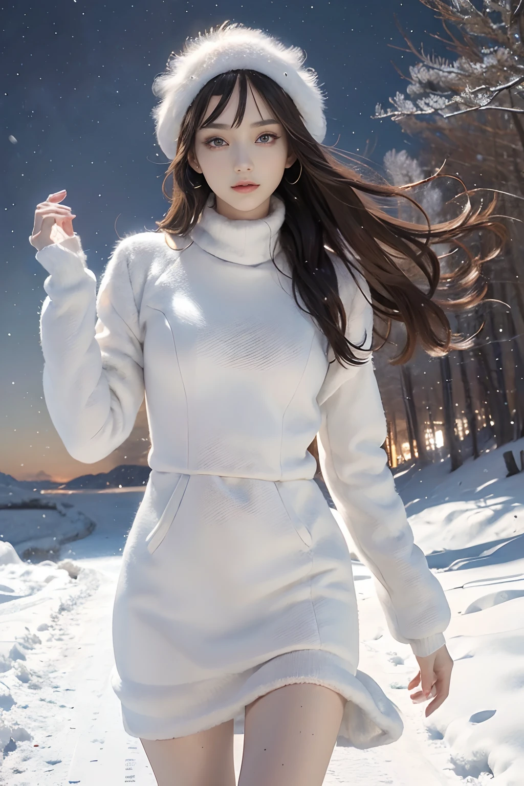Breathtaking 8K, Masterpiece, (Fine face:1.8), (View:1.2),Beautiful woman, Slender and beautiful girl, Ice crystals， (Winter dresses), full bodyesbian, ((Winters)),Rich background，Snow and ice wind，Snowflakes fluttering，