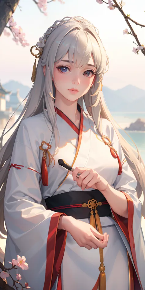 (best quality,4k,8k,highres,masterpiece:1.2),ultra-detailed,(realistic,photorealistic,photo-realistic:1.37),1girl, (hanfu), glowing, sidelighting, wallpaper, wearing a white dao robe, with a pure and lovely appearance of an eastern female hero.