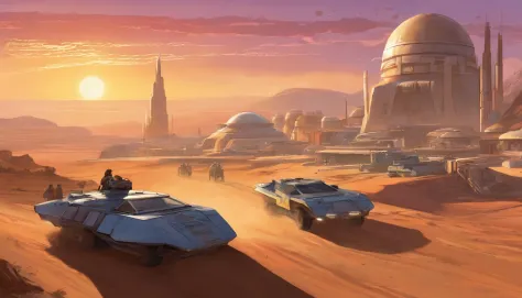 (((Masterpiece))), ((Best Quality)), ((Ultra-detailed)), (CG illustration), (Extremely treacherous and beautiful)), Planet Tatooine, The city, busy street, bar, A crowd in beautiful outfits and expensive accessories, parked expensive cars, concept art by M...