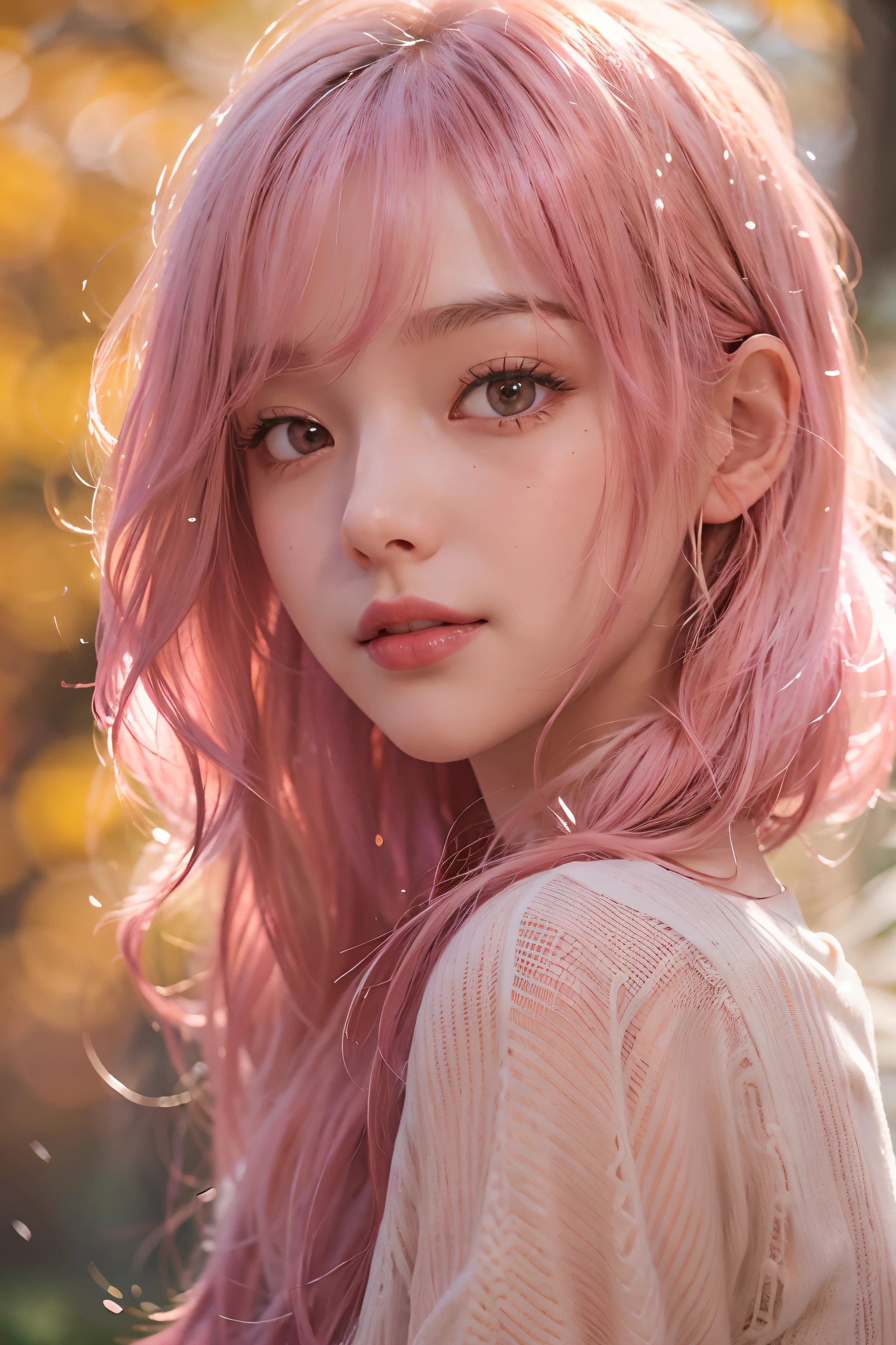 ((Extra Upper Shot))、(looking at view)、1girl in、in her 20s、(Pink hair)、((Medium hair))、(bangss)、(The best smile)、(Photoreal Stick:1.2)、in 8K、high-level image quality、(High quality shadows)、Detail Beautiful delicate face、Detail Beautiful delicate eyes、pureerosface_v1、gloweyes、(Red lipstick close to orange)、perfectbody、Perfect Style、(Brown eyes)、 (strong lights)、Shiny hair、Description beautiful delicate hair、(Lustrous skin)、(White sweater)、 (early evening)、A walk in the forest of autumn leaves、Scattering leaves、Waterfall in the distance、Background blur、light、Sunlight、