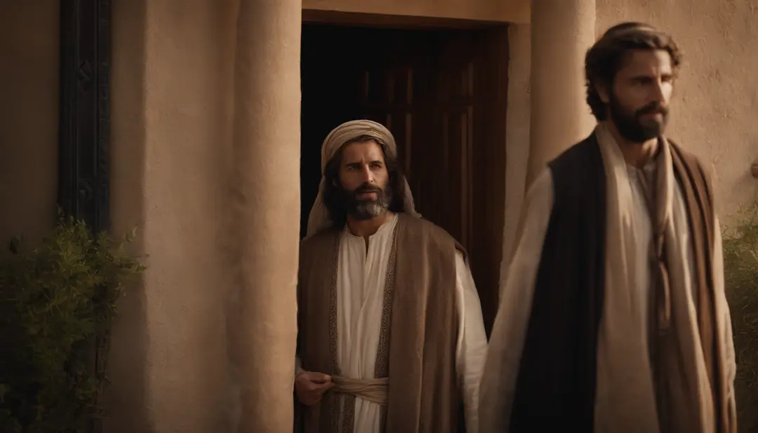 Two disciples of Jesus in front of the door of a house in the city in Judea. Characters from the Bible
