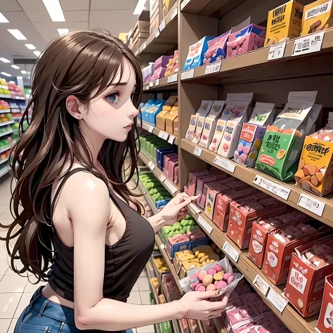 masuter piece, Best Quality, 8K Wallpapers, (Beautiful eyes), ((Beautiful)), (lovely), (Supermarket interior、Stand in front of t...