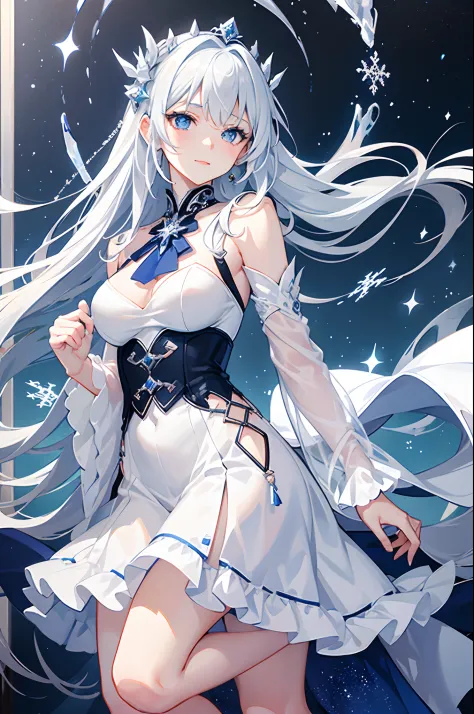 masterpiece, highlydetailed, ultra-detailed, cold, solo, (1girl), (pale skin), icyblue eyes, frosty white hair, cool Chara, flat face, young lady, lady chara, medium boobs, Arrogant, confident, cold face, goddess, cool kuudere girl, snowflakes, (frozen flo...