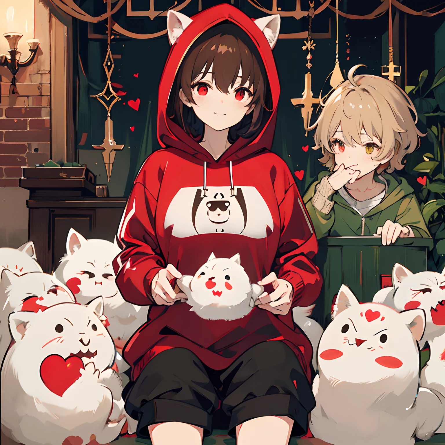 undertale，chara，solo person，Lone wolf，shadowy，Grinning，red - eyed，Sick，morden，Cold-blooded killer，There are large red round spots on both cheeks，Standing in the shadows，Green hood，With a hood，Green sweater，brown shorts，daggers，stocklings，Full body standing painting，with short brown hair，Be red in the face，Hand repair，the detail，k hd，Gold love heart necklace，Close to the original，illustration，CG，anime big breast，quadratic element（Optimal image quality，tmasterpiece，sexual appetite）