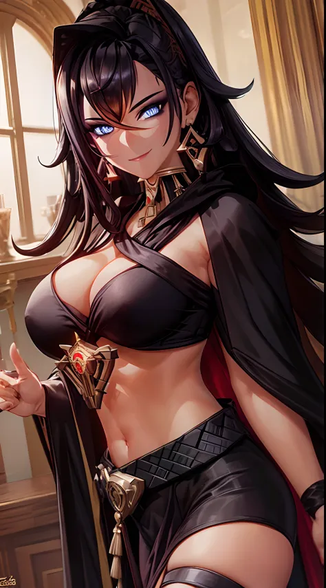 8k, highres, ultra detailed, (masterpiece:1.4), best quality, symmetrical body, adult woman, (Black robe:1.4), choker, cute, solo, earrings, long hair, Brown hair, blue eyes, glow effect, finely eye detailed face, looking at viewer, teasing viewer, in the ...