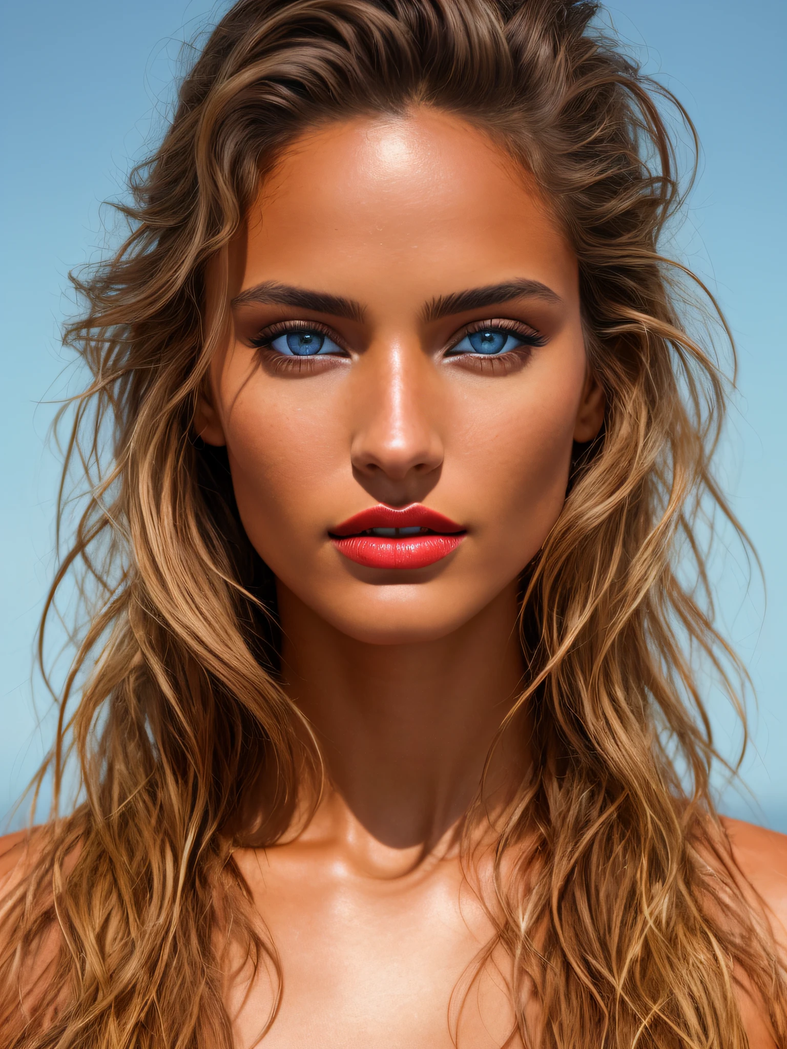 A photorealistic portrait of a stunningly beautiful tanned Brazilian female supermodel with light make-up, red lips, photo for the cover of a fashion magazine, extremely detailed light blue eyes, detailed symmetric realistic face, extremely detailed natural texture, peach fuzz, windy messy hair, sexy, masterpiece, absurdres, award winning photo by lee jeffries, nikon d850 film stock photograph, kodak portra 400 camera f1.6 lens, extremely detailed, amazing, fine detail, rich colors, hyper realistic lifelike texture, dramatic lighting, unrealengine, trending on artstation, cinestill 800 tungsten, looking at the viewer, photo realistic, RAW photo, TanvirTamim, high quality, highres, sharp focus, extremely detailed, cinematic lighting, 8k uhd,-imagine-