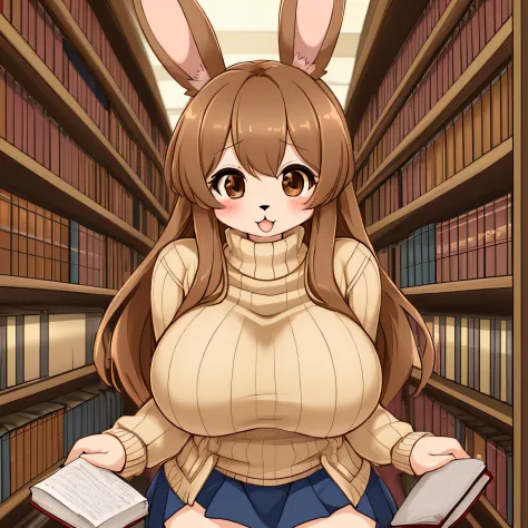 cute rabbit, furry, female, konzaburou, body fur, light brown fur, brown eyes, busty, sweater, library,