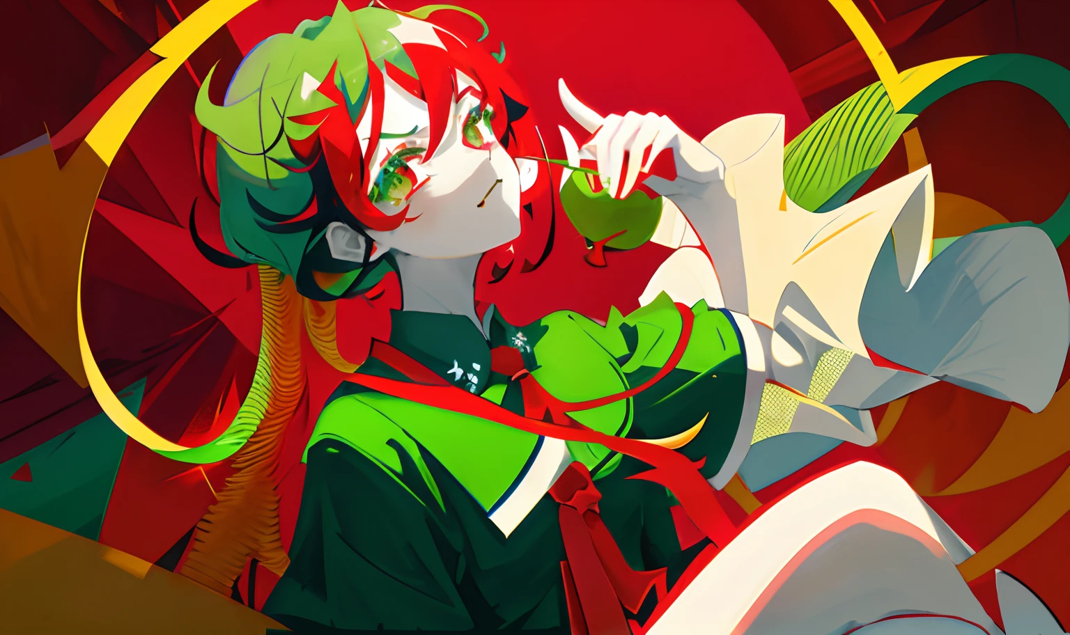 Anime girl with green hair and red hair holding a green apple - SeaArt AI