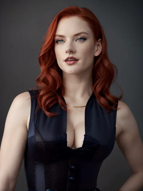 arafed woman with red hair, woman 30 years old, beautiful redhead woman, ((blue eyes)), red lips, pretty female redhead woman, portrait of redhead, redhead girl, full product shot, , iridecent navy blue blouse, deep v, cleavage, gold jewelry,