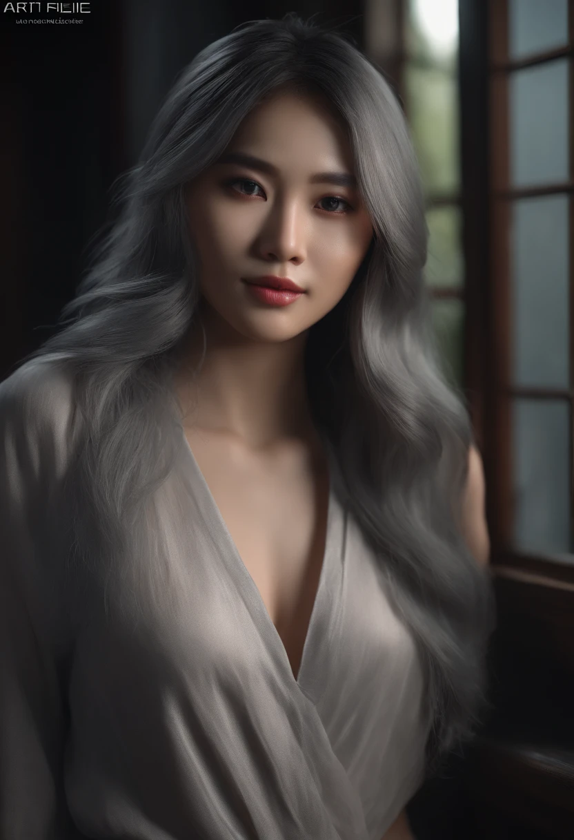 A woman with long gray hair posing in front of a window - SeaArt AI