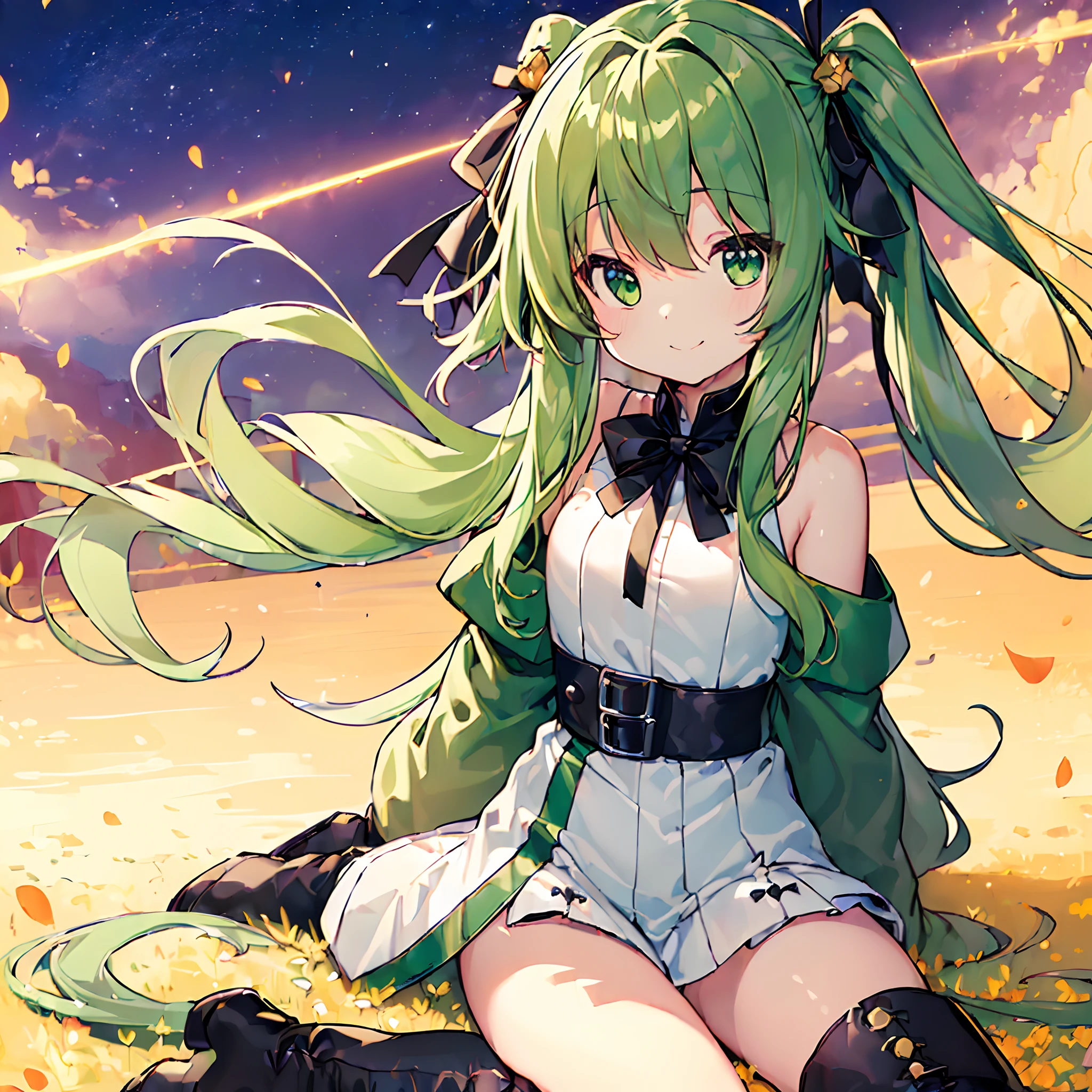 (top-quality:1.5), (​masterpiece:1.5), (hight resolution:2.0)、Beautiful girl alone、cute little、Lori、Small breasts、sitting on、(a smile)、(green colored eyes)、(Eyes in detail)、(green colored hair)、((Twin-tailed))、(Semi-long hair:1,5)、Metal Hair Ornament、(White Dress)、(Clothes with golden pattern)、Green ruffles、Black belt、off shoulders、Long sleeves、(Black boots:1.5)、Black ribbon at neck、Countless golden petals fly in the wind、darkness、takeout、naturey、grass field、FULL BODYSHOT、White Sphere