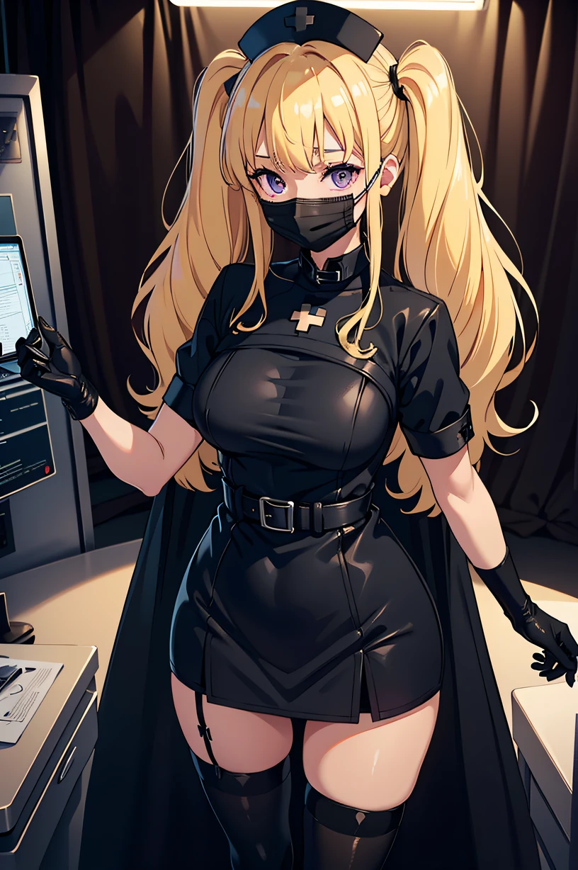 black nurse, 1girl, black nurse cap, black wear, ((black legwear, zettai ryouiki)), black elbow gloves, twintails, yellow hair, purple eyes, ((black surgical mask, covered nose)), standing, ((surgery room)), sharp outline, short sleeves, best quality, masterpiece