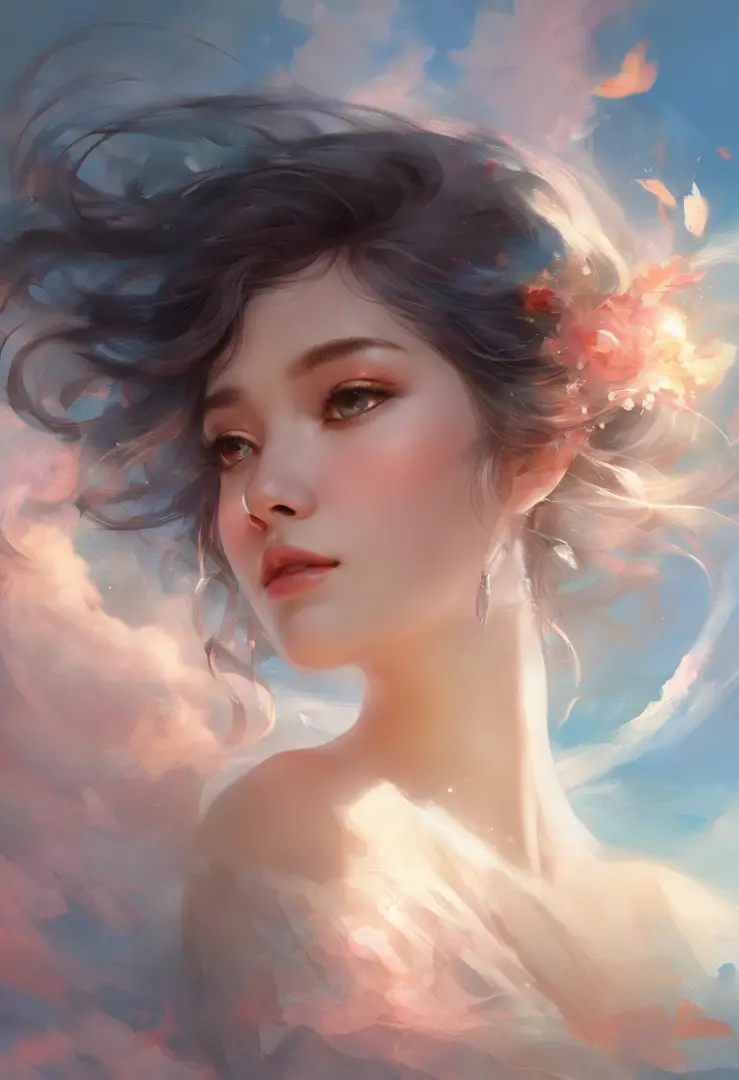 (masterpiece, best quality, ultra-realistic), showing the side face, (on_front:1.2), floating in the sky, (wavy hair:0.8), black hair, cloudy sky, sunlight, upper_body, off shoulder, day, girl around 25 years old, pretty girl