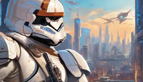 A close-up portrait of a woman Imperial stormtrooper with a city in the background, inspired by the concept art of Magali Villeneuve, popular in CG Society, from "Star Wars: The Old Republic", influenced by the concept art of Ralph McQuarrie. The stormtroo...