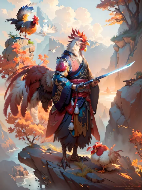 Draw a rooster with a sword and a bird on a rock, avian warrior, the king of rooster, fantasy duck concept portrait, birds f cgs...