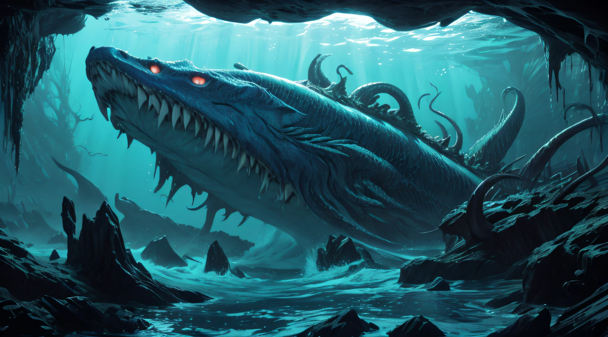 (best quality,4k,highres:1.2),ultra-detailed,(realistic:1.37)
Sea monster, detailed scales, sharp fins, menacing eyes, powerful claws, massive tentacles, deep sea creature, ferocious creature, sea beast, monstrous creature, mythical creature, underwater, dark abyss, mysterious, deep ocean, swirling currents, bioluminescent, underwater caves, shipwreck, haunting scene, eerie atmosphere, stormy weather, dramatic waves, powerful presence, massive size, wet and slimy skin, lurking danger, high contrast, vibrant colors, dynamic lighting.