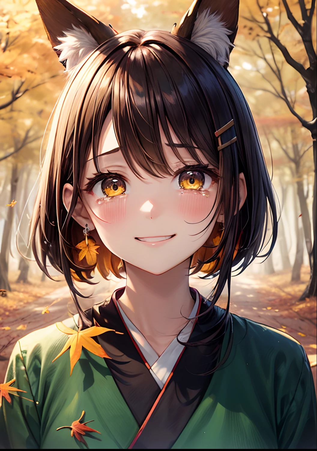 absurderes, ultra-detailliert,bright colour, (1girl in:1.4),(A very beautiful forest of autumn leaves:1.5),extremely beautiful detailed anime face and eyes, (Fox personification:1.3),blushing、Yellow skin、amber eyes、Brown smooth straight hair、Bright kimono with yellow base、Lots of autumn leaves、(Autumn Dusk 1.3)、Orange view、Shiny hair,depth of fields, Delicate beautiful face,White skin, hair clips, earrings,(sad smile crying:1.3),double tooth