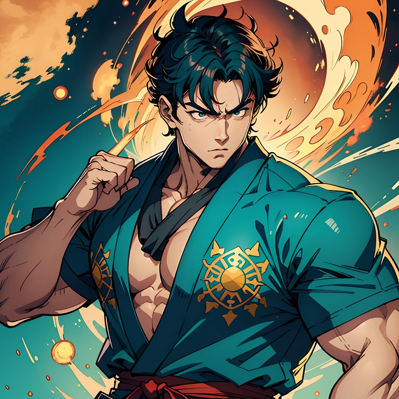Create a detailed description of Thorne Phoenix, A person in his early 40s who possesses an impressive and formidable physique, que recuerda a la asombrosa musculatura de figuras como Retsu Kaioh de Baki o Biscuit Oliva.. Thorne is dressed in a striking kung fu kimono with vibrant turquoise and red colors.., with a particular emphasis on these tones. The kimono is adorned with four ornate buttons: uno en el cuello, dos en los antebrazos, and one hanging from an earlobe. Los ricos de Thorne, The tanned complexion complements the incredible definition of the muscles that ripple beneath the fabric, exudando un aire de fuerza y resistencia incomparables. El pelo corto de Thorne, similar a Ryu's, is neatly arranged in a style that includes distinctive ponytails, adding to its unique appearance. Su robusto, The male face with sharp features is framed by this hairstyle. She also wears a scarf in the same vibrant turquoise and red colors...