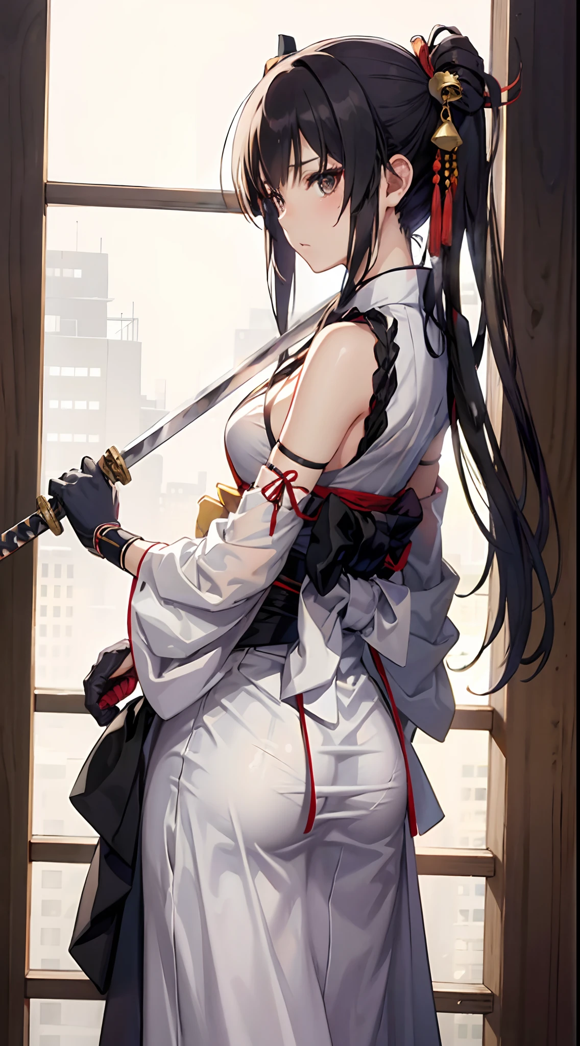 ((slanted eye)),(A MILF),(((maturefemale,adult  woman))),Solo,masutepiece,top-quality, ultra-definition, max resolution, A highly detailed, ((White Doshi,Black Hakama,KENDOU)),A Japanese style,dojo,Beautiful black hair、Black eyes,Tying hair,Holding a sword,Swinging a wooden sword,Sweating,Front view