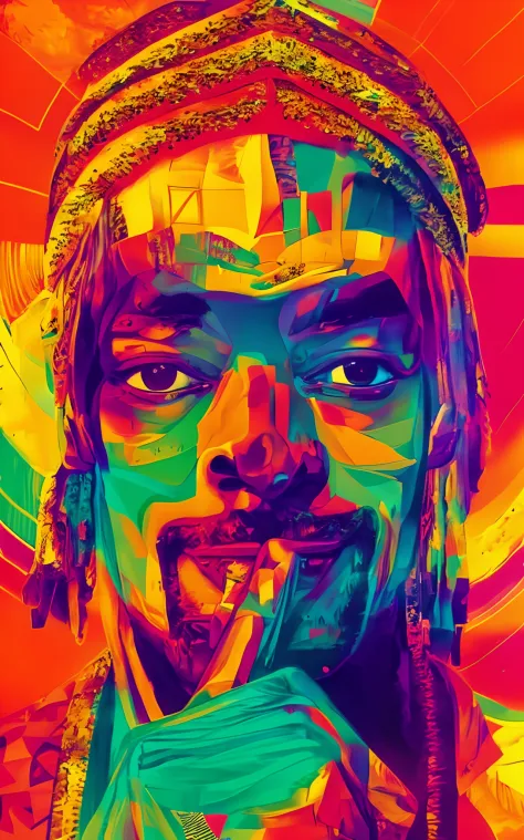 uma pintura de um homem com um rosto colorido e um colar de RAPPER, Retrato de Snoop Dogg Smile, arte colorida do filme, snooping dog, vibrant fan art, Snoop dogg, Snoop Dogg RAPPER, arte raggae, Snoop Dogg como RAPPER, psychedelic hip-hop, arte vibrante d...