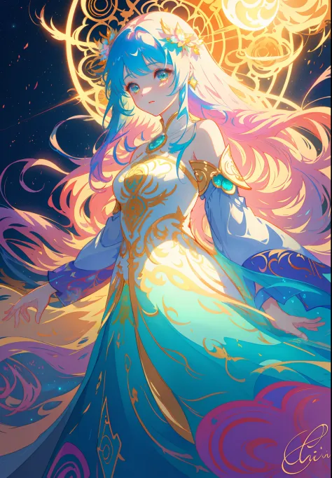 beautiful anime girl in an intricately designed layered ballgown, ((colorful)), flowing long sleeves, beautiful round face features, delicate face, young beautiful girl, flowing gown, inspired by Glen Keane, inspired by Lois van Baarle, disney art style, b...