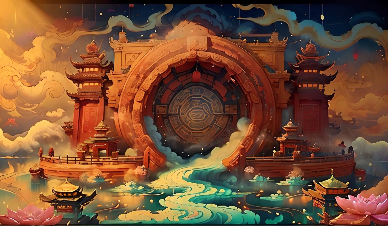 The game scene, the ancient Chinese palace is located above the clouds, surrounded by clouds and mist, majestic, glazed tiles, Buddha statues, lanterns, brilliant colors, hot springs, lotus, water vapor ((color ink)), ((splash ink)), ((splash ink ) ink } )), masterpiece, high quality, beautiful graphics, high detail