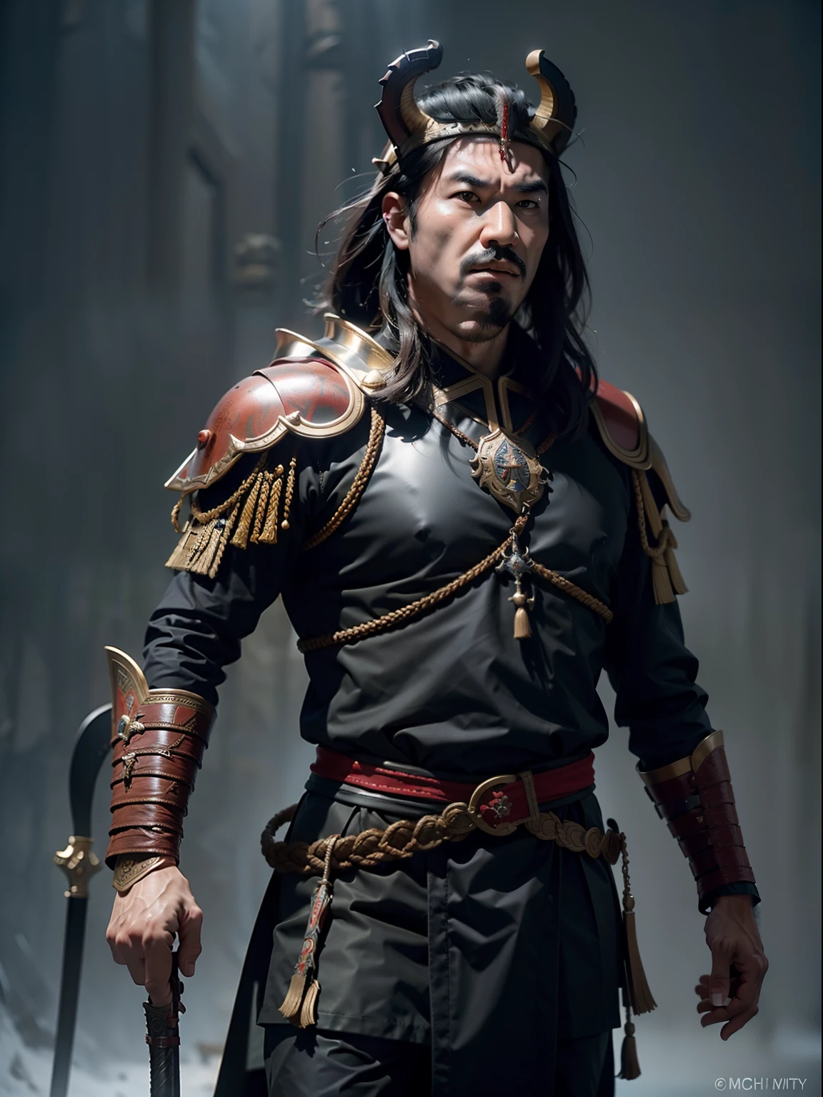 Genghis Khan leading his army of Mongol knights into battle against enemies. A portrait of Genghis Khan wearing a horned metal helmet and leather armor. He has a serious and determined expression on his face. He holds a sword in his right hand and a shield in his left.