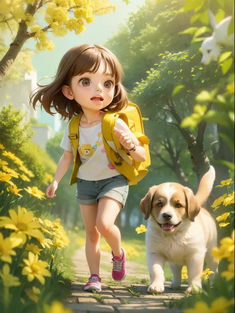 Very adorable girl with backpack and cute puppy、Enjoying a beautiful spring walk surrounded by beautiful yellow flowers and natu...