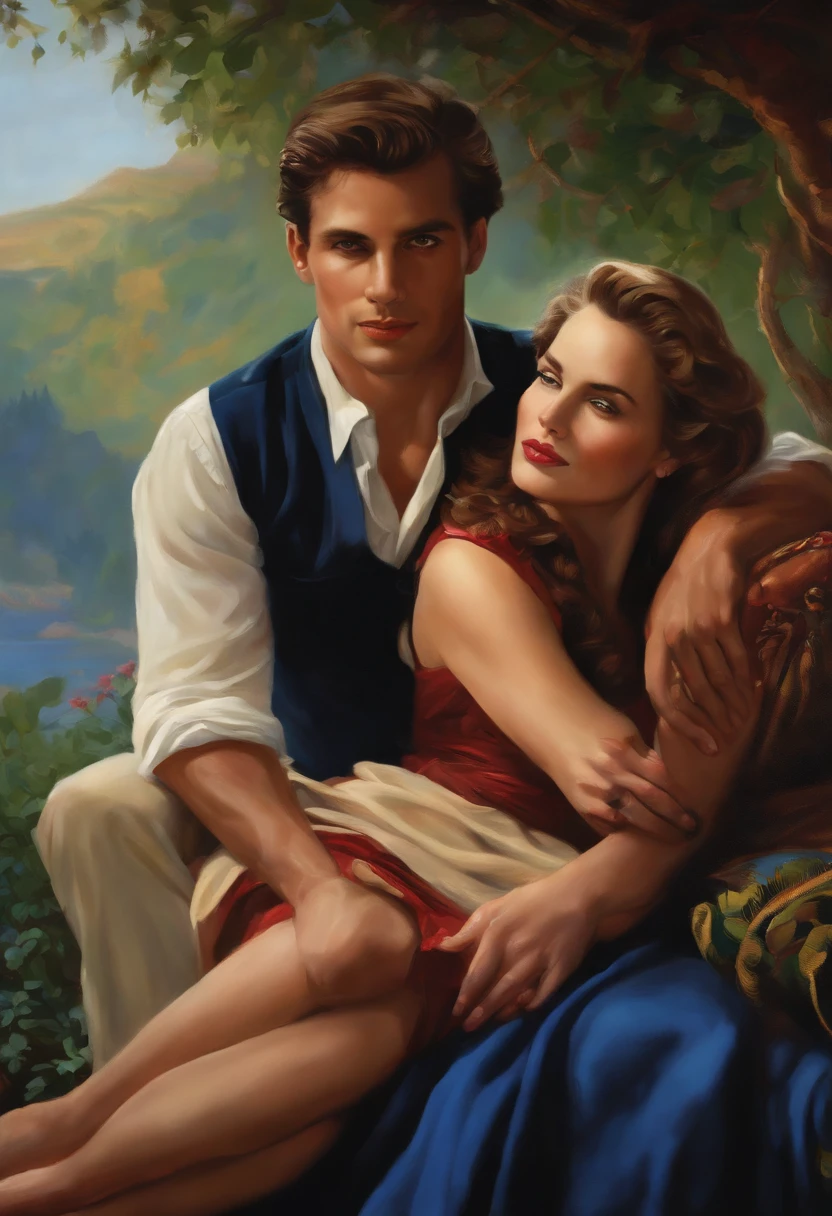 Painting of a man and woman sitting on a couch in a wooded setting - SeaArt  AI