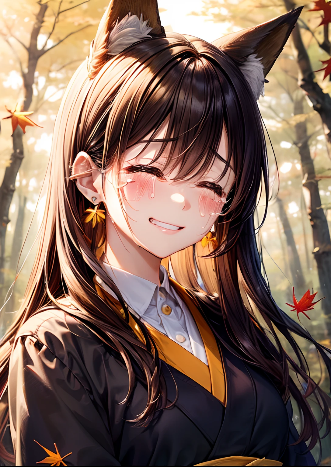 absurderes, ultra-detailliert,bright colour, (1girl in:1.4),(A very beautiful forest with autumn leaves:1.5),extremely beautiful detailed anime face and eyes, (Fox personification:1.3),Blushing、Yellow skin、(Brown Smooth Straight Hair:1.3)、Bright kimono based on yellow、Lots of autumn leaves、(Autumn Dusk 1.3)、Orange view、Shiny hair,depth of fields, Delicate beautiful face,White skin, hair clips, earrings,(Close your eyes、Crying sad smile:1.5),(double tooth:1.1)