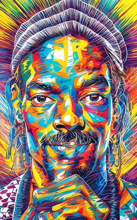 uma pintura de um homem com um rosto colorido e um colar de RAPPER, Retrato de Snoop Dogg, arte colorida do filme, ROMERO BRITO,...