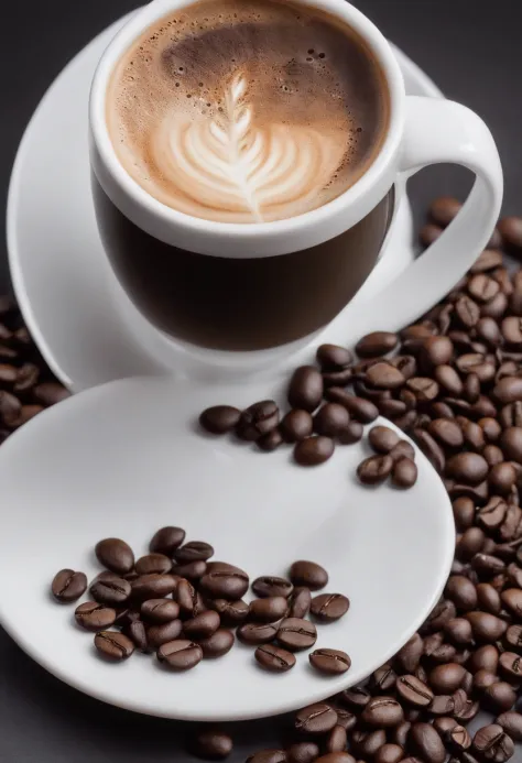 a cup of coffee, beans, espresso, cinematic, professional photography, studio lighting, studio background, advertising photography, intricate details, hyper-detailed, ultra realistic, 8K UHD
